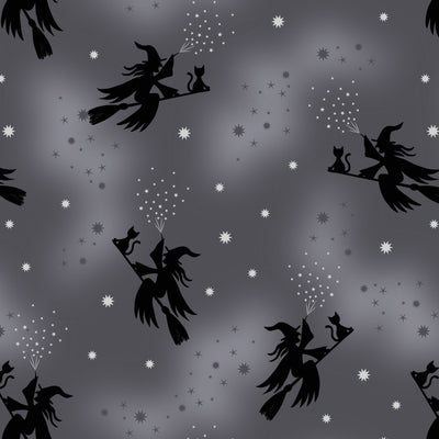 Lewis And Irene Halloween Fabric Cast A Spell Flying Witches On Grey With Silver Metallic A722.3