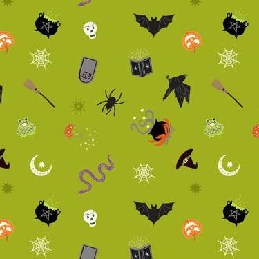 Lewis And Irene Halloween Fabric Cast A Spell Spooky On Green With Silver Metallic A723.2