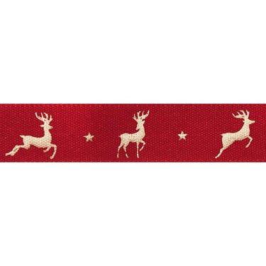 Christmas Ribbon Reindeer Flight 15mm Wide Red and Gold Price Per Metre