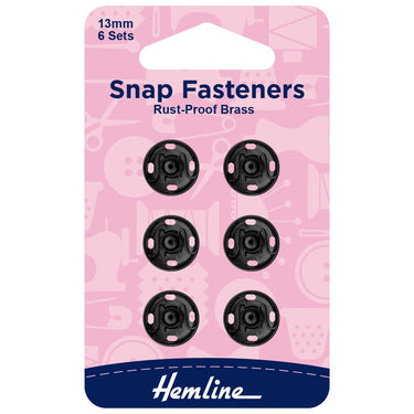 Sew-on Snap Fasteners Black 13mm: Pack of 6