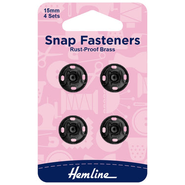 Sew-on Snap Fasteners Black 15mm: Pack of 4
