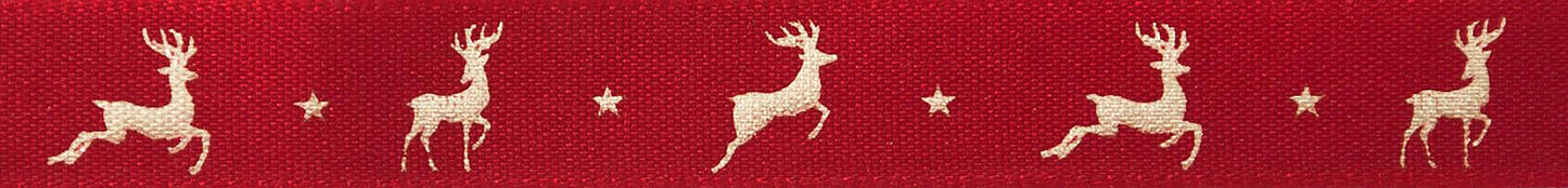 Christmas Ribbon Reindeer Flight: Red and Gold: 15mm wide. Price per metre.