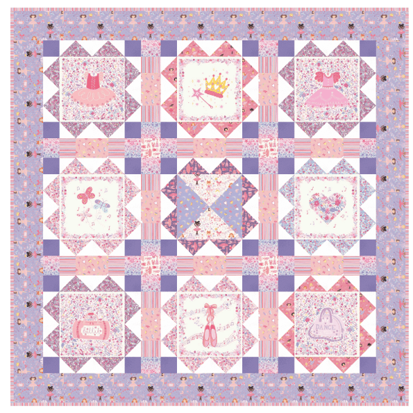 A square quilt pattern or fabric panel featuring a whimsical ballerina-themed design in pastel shades of pink, lavender, and white. The quilt is arranged in a 3x3 grid with various decorative blocks, including ballerina figures, a crown, a heart, and floral patterns, surrounded by a border of small ballerina motifs.