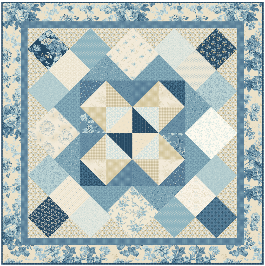 A square quilt pattern or fabric design featuring a central geometric starburst motif in shades of blue, navy, beige, and cream, surrounded by floral and patterned border sections.