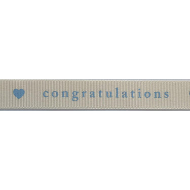 Berisfords Ribbon Congratulations Ribbon: Natural with Blue text: 15mm Wide. Price per metre.  - The Sewing Studio for sale UK - The Sewing Studio