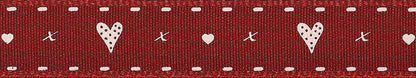 Berisfords Ribbon Hearts and Kisses Ribbon: 15mm: Red. Price per metre.  - The Sewing Studio