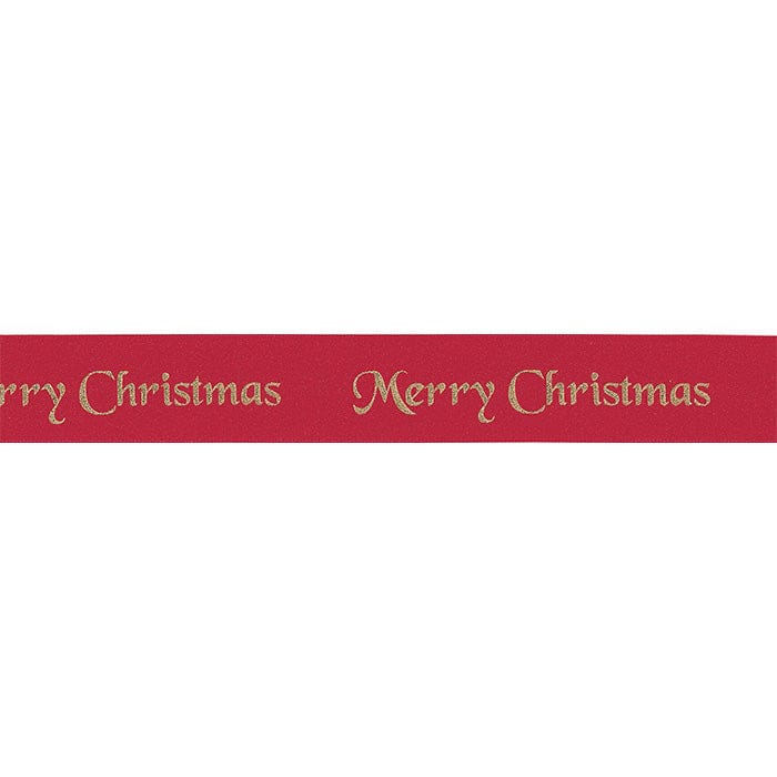 Berisfords Ribbon Merry Christmas Satin Ribbon Red with Gold Writing 25mm Wide  - The Sewing Studio