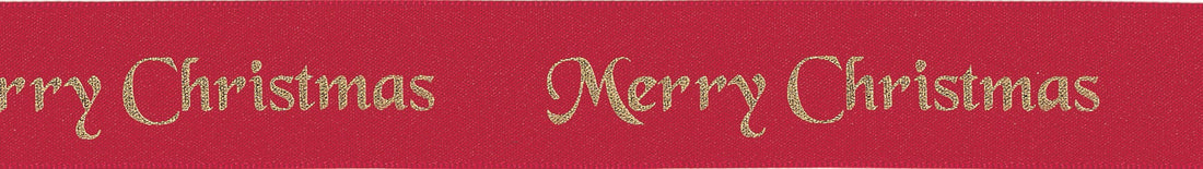 Berisfords Ribbon Merry Christmas Satin Ribbon Red with Gold Writing 25mm Wide  - The Sewing Studio