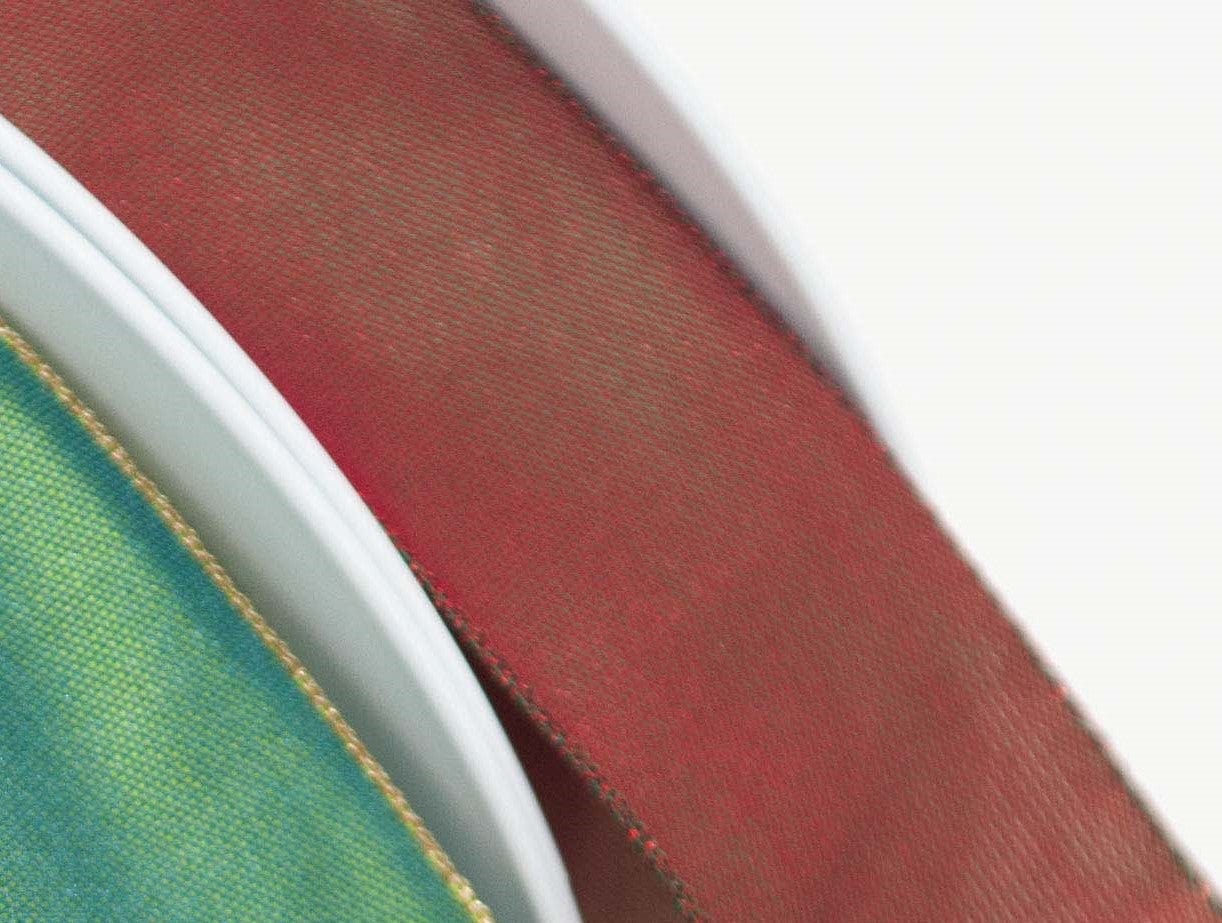 Small Ribbon Shot Radiance Ribbon Two Tone Shot Taffeta Metallic Edge Scarlet Green 25mm