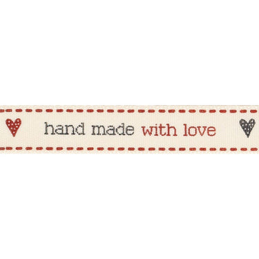Berisfords Ribbon Ribbon: Hand Made with Love: Red and Natural: 15mm wide. Price per metre.  - The Sewing Studio for sale UK - The Sewing Studio