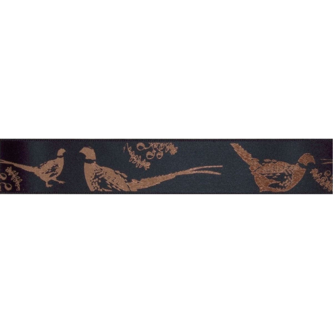 Berisfords Ribbon Satin ribbon: Pheasants Rose Gold on Black: 25mm wide: Price per metre.  - The Sewing Studio
