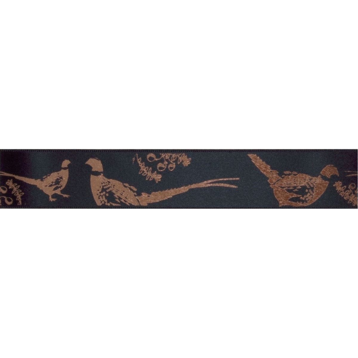 Berisfords Ribbon Satin ribbon: Pheasants Rose Gold on Black: 25mm wide: Price per metre.  - The Sewing Studio