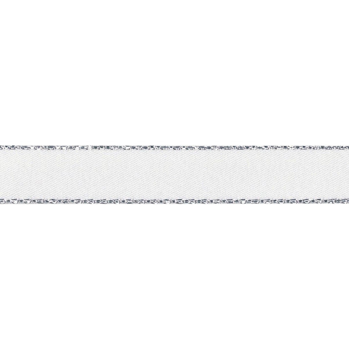 Silver Metallic Edge Satin Ribbon: 15mm: White