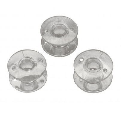 Three clear plastic sewing thread spools on a white background.