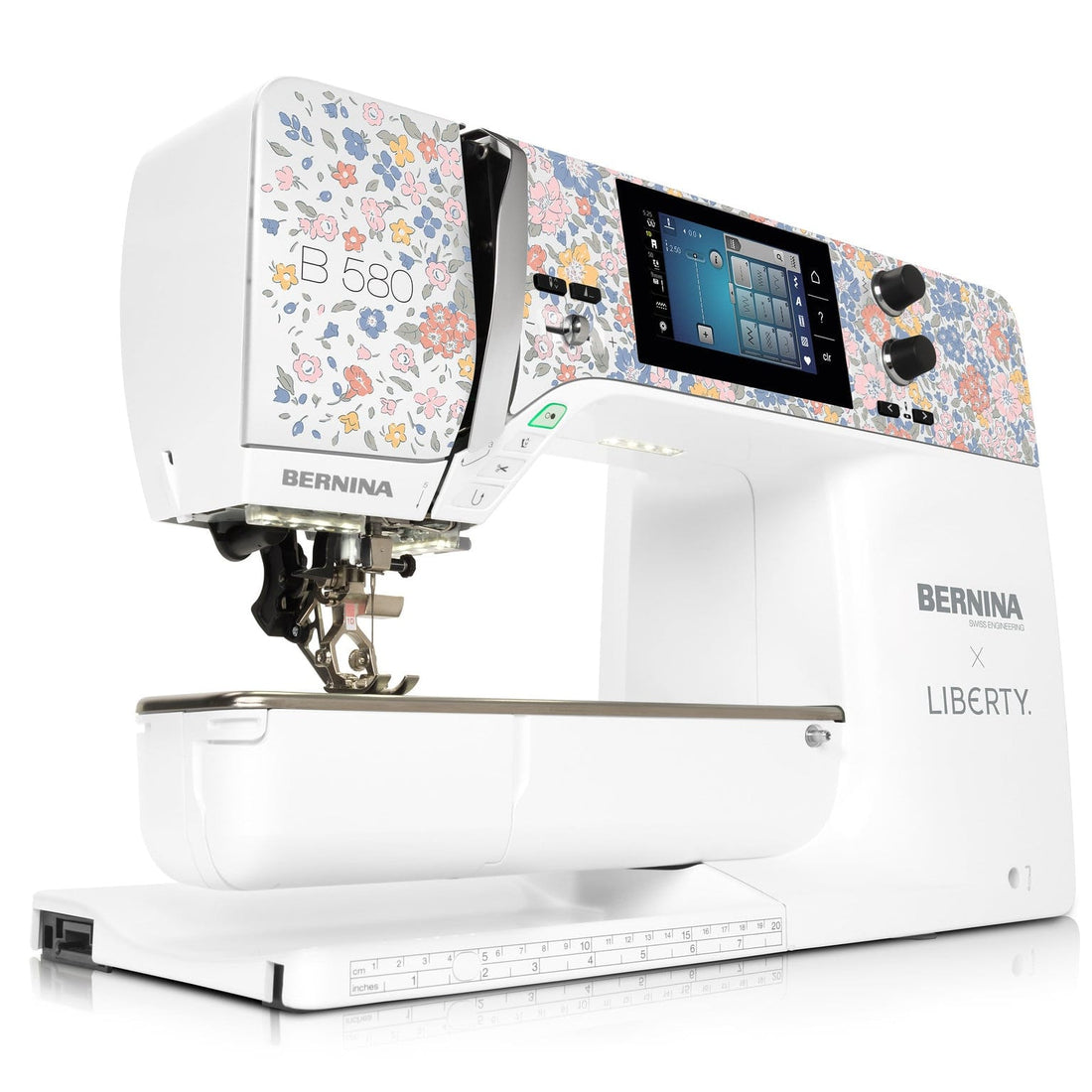 Bernina Liberty sewing machine with floral design on a white background