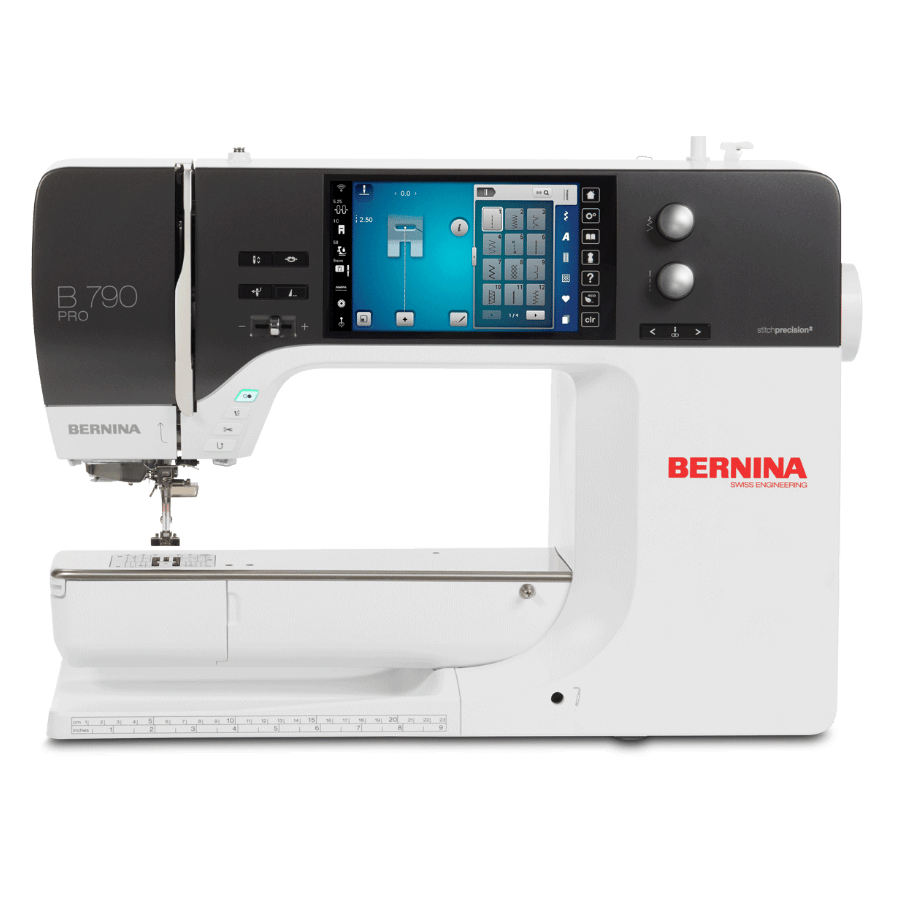 A Bernina B.790 Pro sewing machine with a white body, black control panel, and a large digital touchscreen display showing a blue interface.
