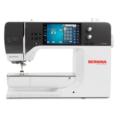 A Bernina B.790 Pro sewing machine with a white body, black control panel, and a large digital touchscreen display showing a blue interface.