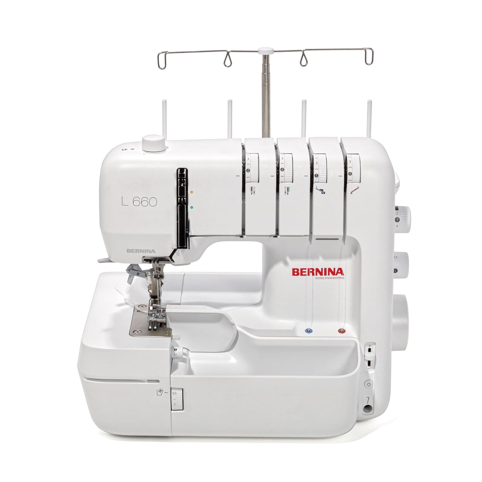A white BERNINA L 660 serger sewing machine with a top thread stand, shown from a three-quarter angle on a solid white background.