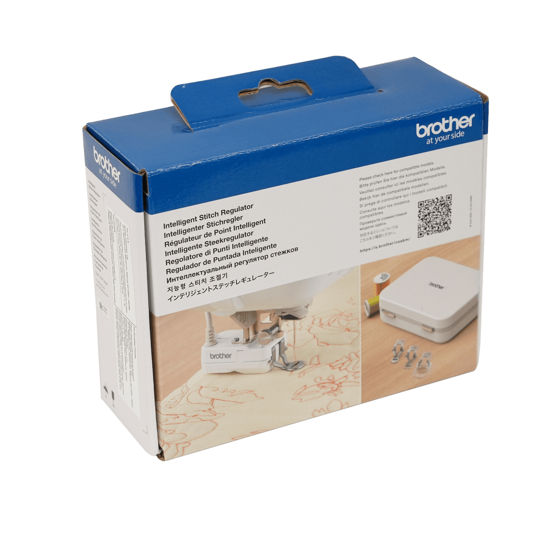 Brother Intelligent Stitch Regulator retail packaging box, featuring a blue top and handle with white and beige printed graphics showing the included device and accessories.
