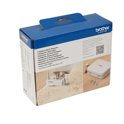 Brother Intelligent Stitch Regulator retail packaging box, featuring a blue top and handle with white and beige printed graphics showing the included device and accessories.