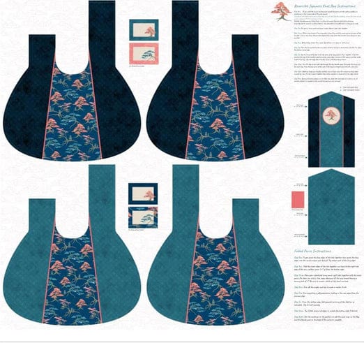 Blue Japanese Craft Cotton Fabric Panels & Labels Meditations On Japan Knot Bag Panel - The Sewing Studio