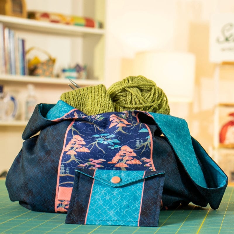 Blue Japanese Craft Cotton Fabric Panels & Labels Meditations On Japan Knot Bag Panel - The Sewing Studio