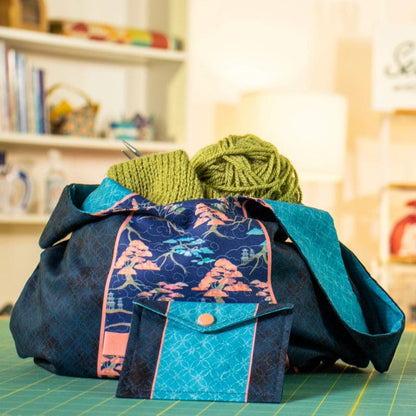 Blue Japanese Craft Cotton Fabric Panels & Labels Meditations On Japan Knot Bag Panel - The Sewing Studio