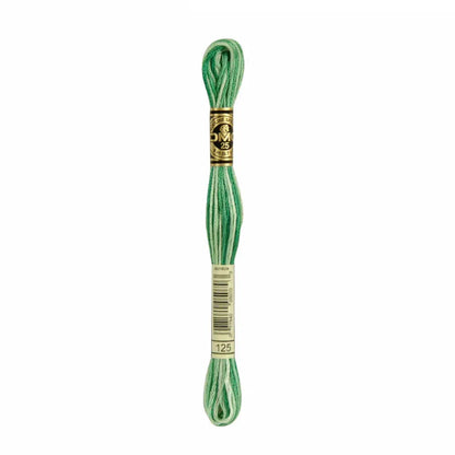 Green embroidery floss spool with a brand label on a white background