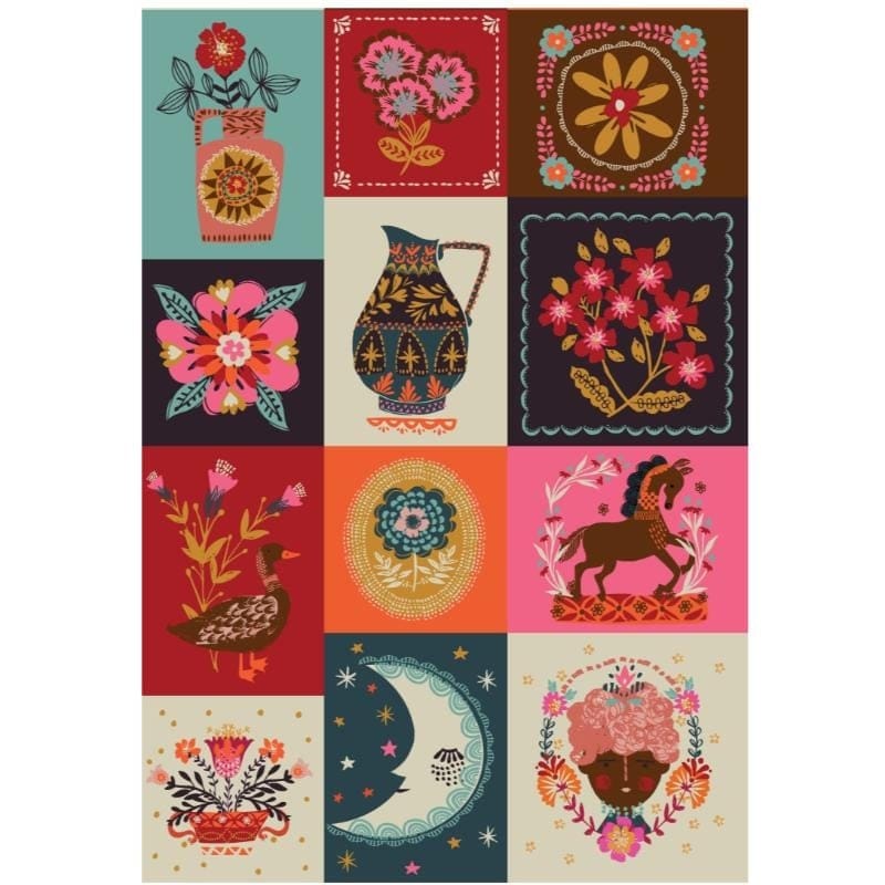 Multi-coloured Fun and Funky EQS Fabric Panels & Labels Thread & Ink Fine Folk Panel - The Sewing Studio