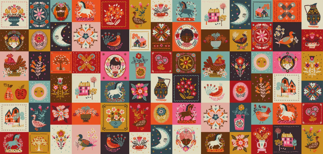 Multi-coloured Fun and Funky EQS Fabric Panels & Labels Thread & Ink Fine Folk Panel - The Sewing Studio