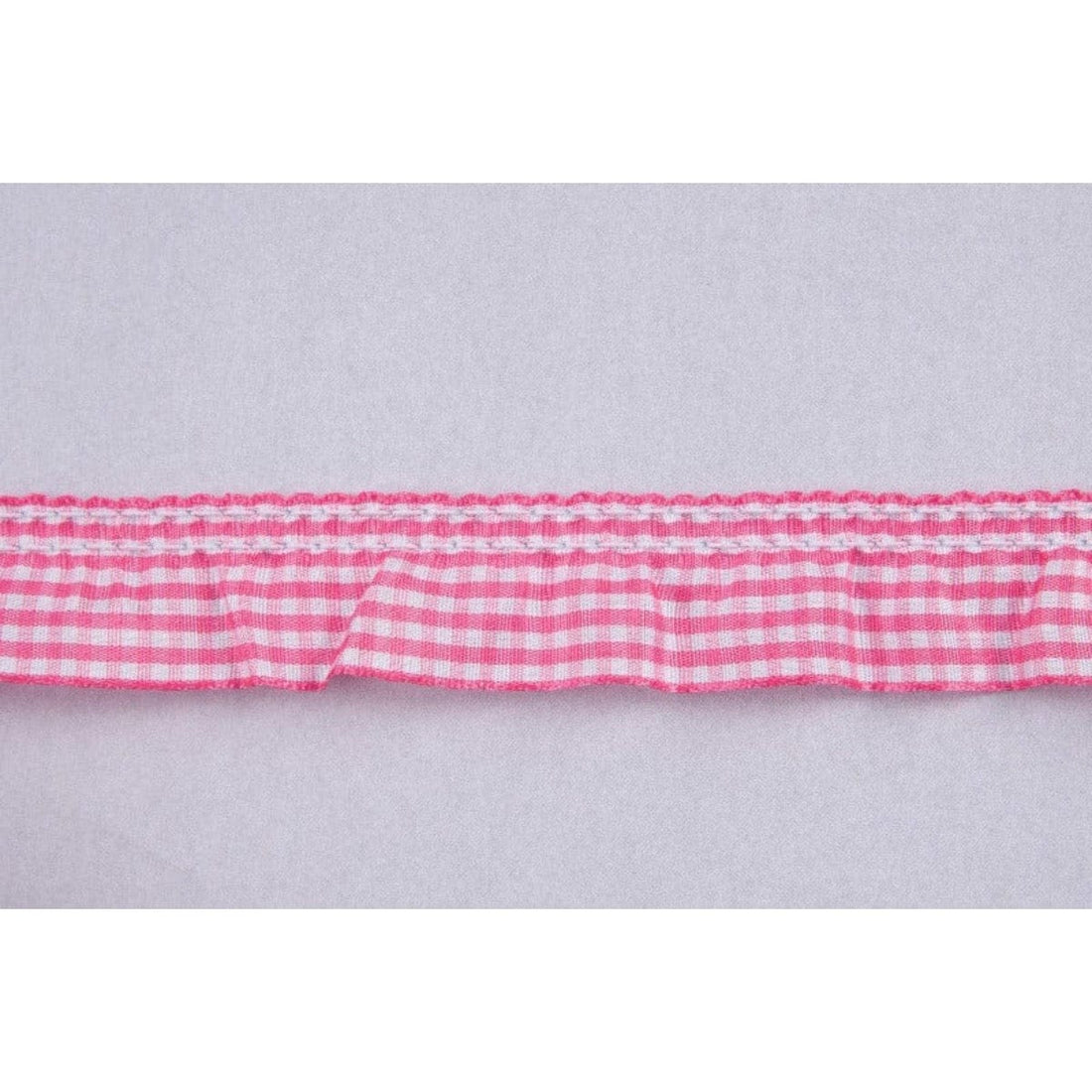 Essential Trimmings Ribbon Frilled Gingham Ribbon Trim: Pink: 25mm wide. Price per metre.  - The Sewing Studio