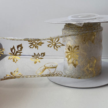 Groves Ribbon Wired Edge Bells and Poinsettia Ribbon: 38mm: Gold  - The Sewing Studio for sale UK - The Sewing Studio