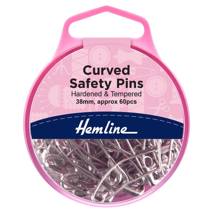 Hemline Pins Curved Safety Pins: Nickel: 38mm: 60 Pieces  - The Sewing Studio