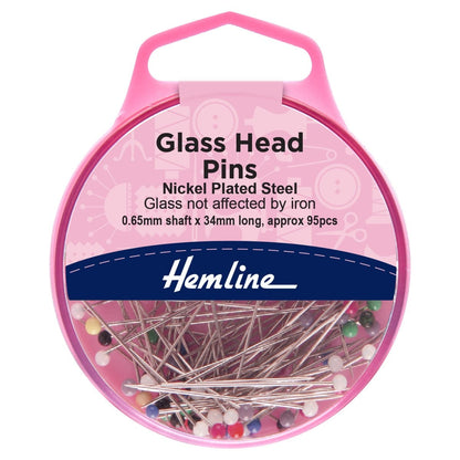 Hemline Pins Pins: Glass Head: 34mm: Nickel: 95 Pieces  - The Sewing Studio
