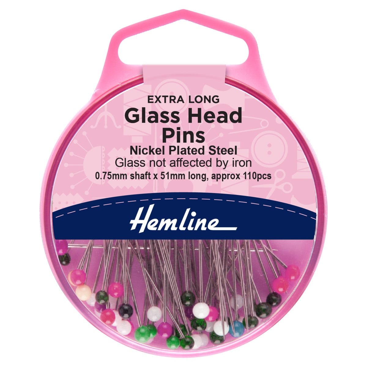 Hemline Pins Pins: Glass Head: 51mm: Nickel: 110 Pieces  - The Sewing Studio