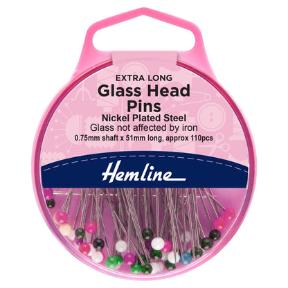 Hemline Pins Pins: Glass Head: 51mm: Nickel: 110 Pieces  - The Sewing Studio
