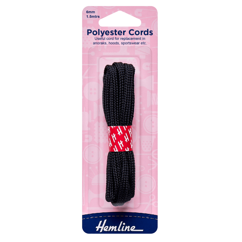 Hemline Ropes and Twine Polyester Cord Black 1.5m x 6mm  - The Sewing Studio