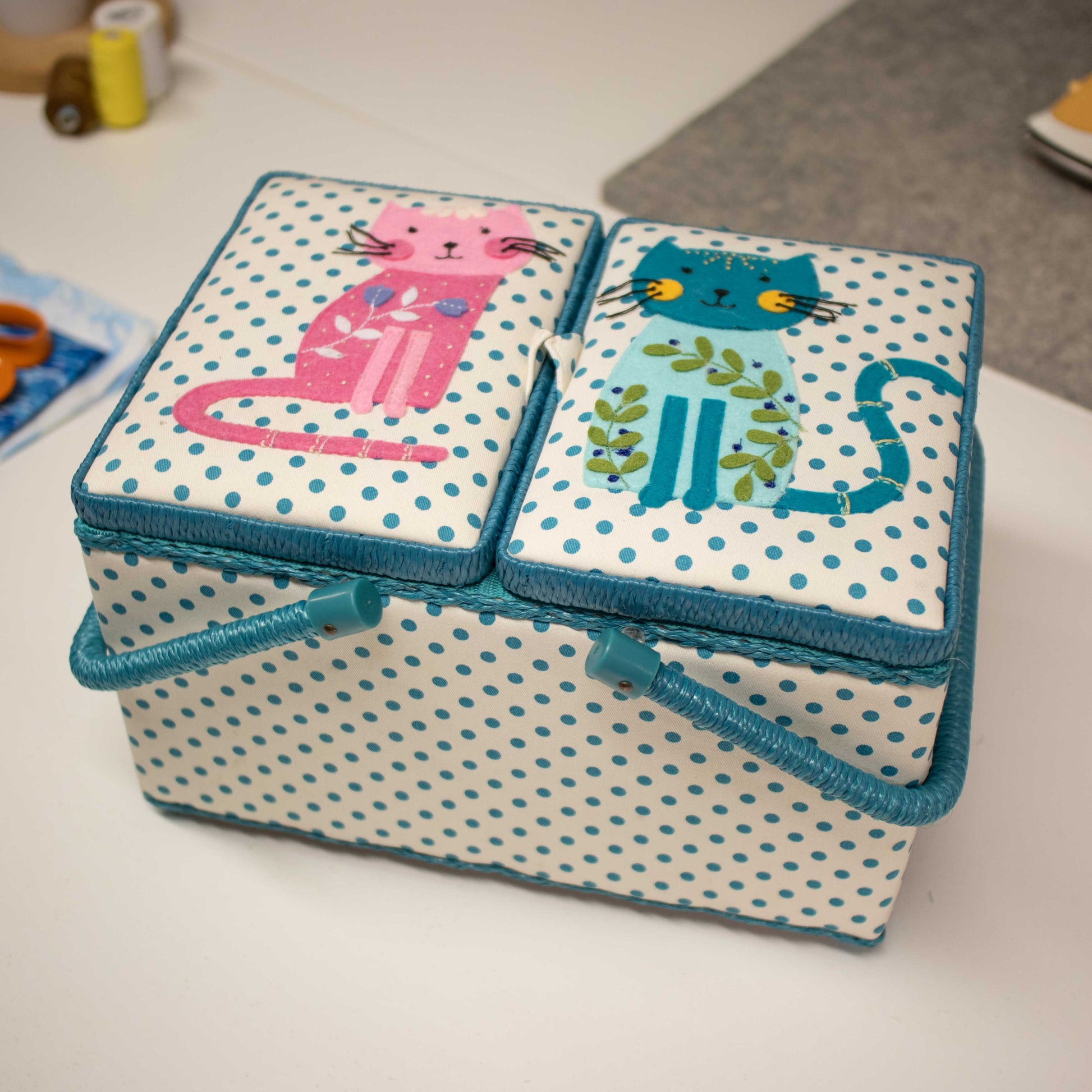 HobbyGift Sewing Tins and Boxes Sewing Box Large Twin Lid Appliqué Cats  - The Sewing Studio