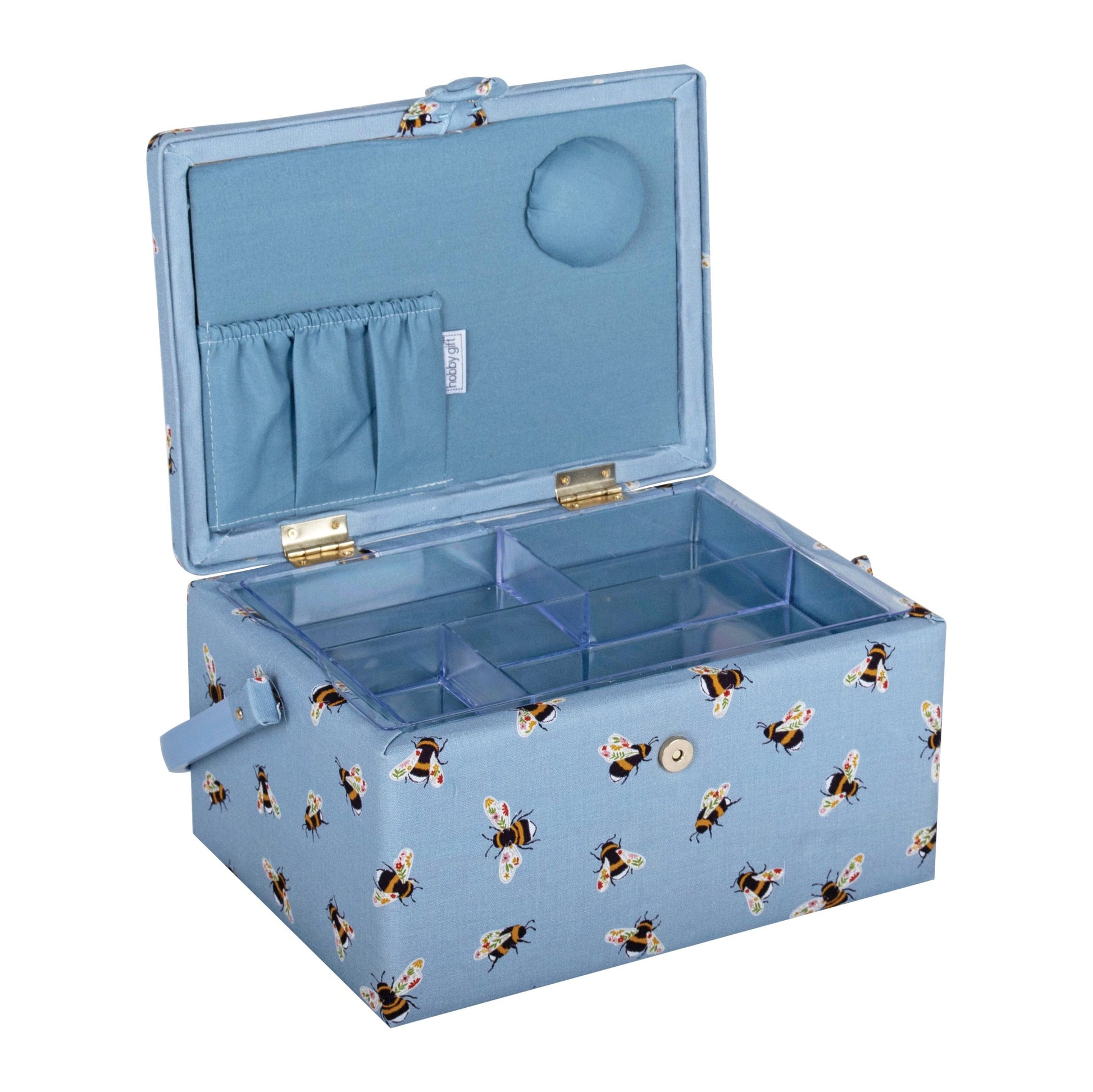 HobbyGift Sewing Tins and Boxes Sewing Box Medium Embroidered Blue Bees  - The Sewing Studio
