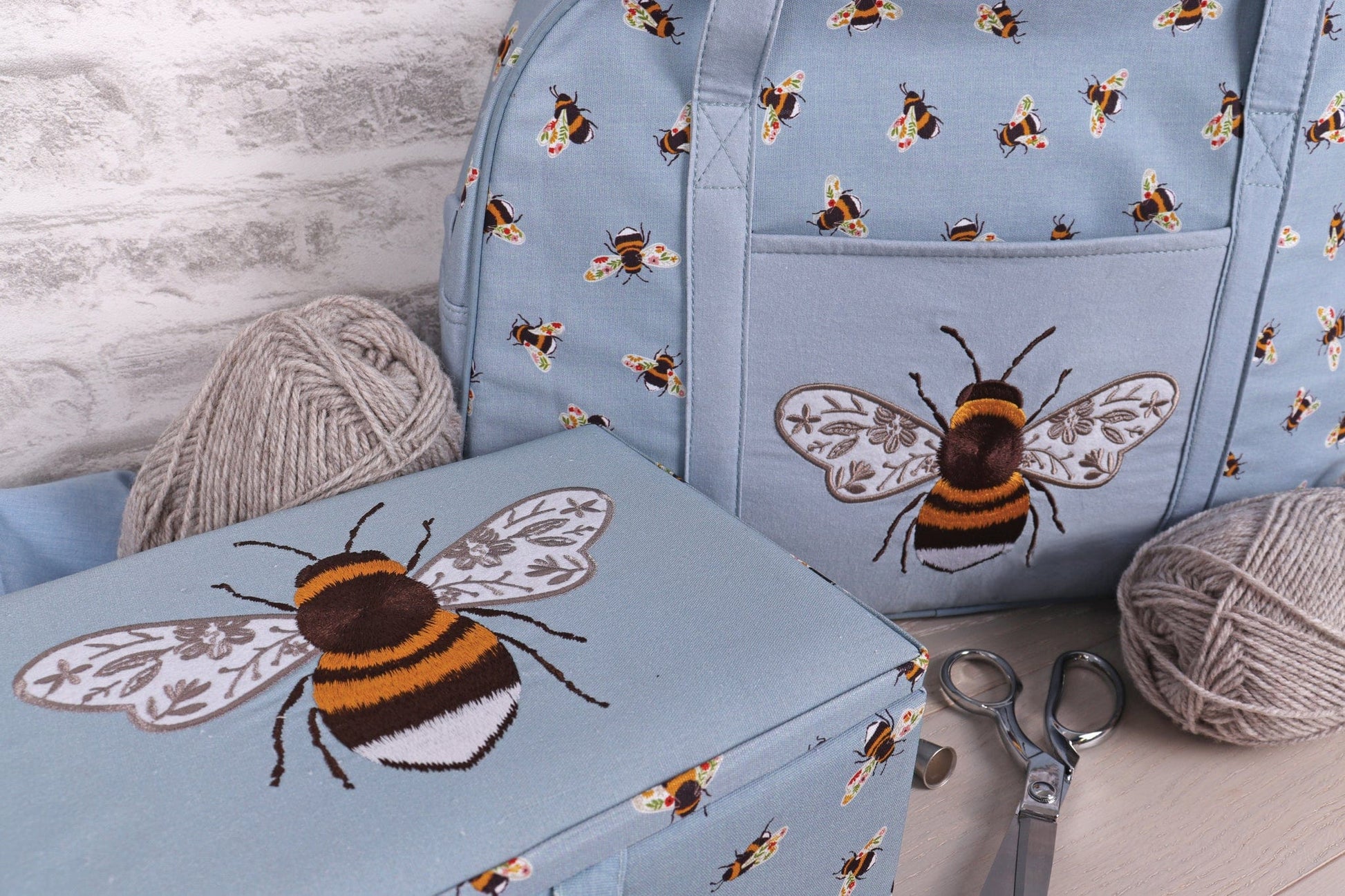 HobbyGift Sewing Tins and Boxes Sewing Box Medium Embroidered Blue Bees  - The Sewing Studio