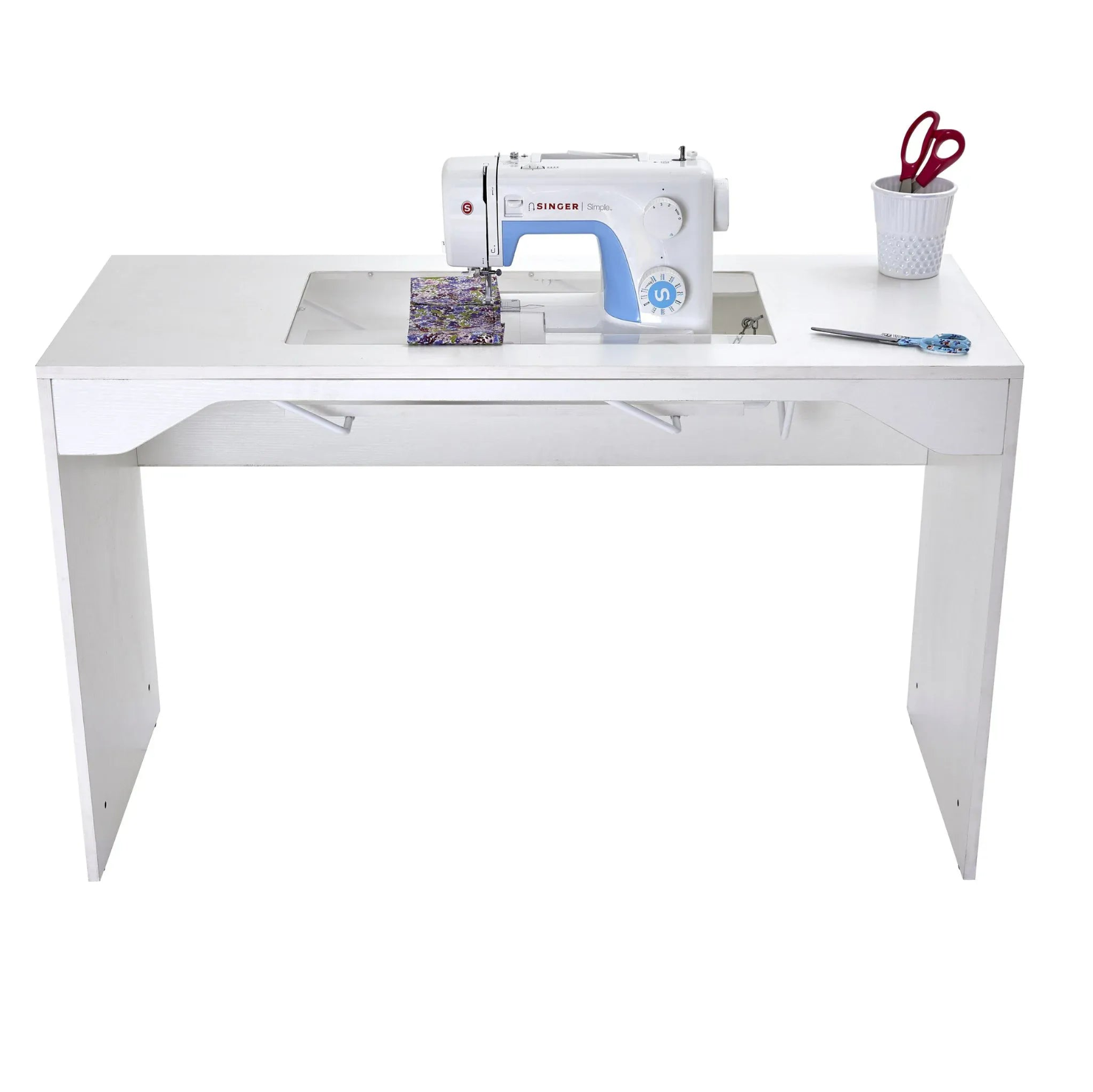 White sewing table with a sewing machine on a white background