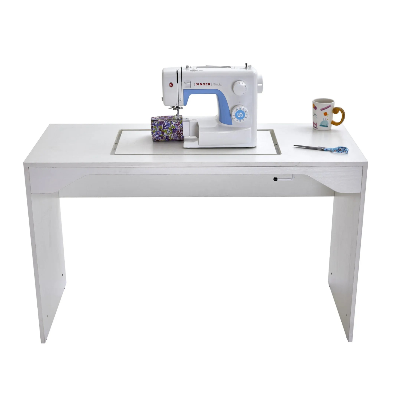 White sewing table with a sewing machine on a white background