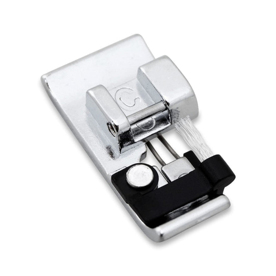 Metal sewing machine presser foot on a white background