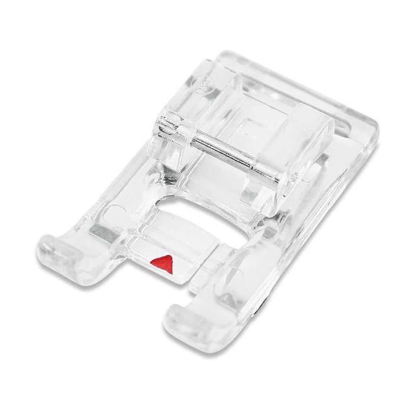 A clear plastic sewing or embroidery foot accessory with a small red triangle indicator, shown on a plain white background.