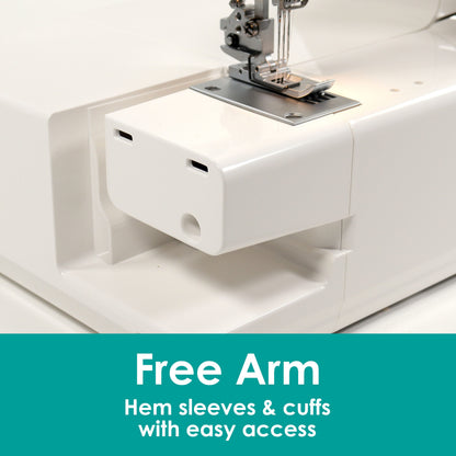 Close-up of a white sewing machine showing a free arm extension with text overlay 'Free Arm Hem sleeves & cuffs with easy access' on a teal banner at the bottom.