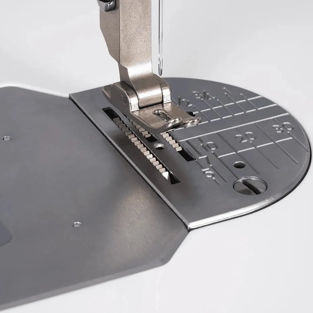 Close-up of a sewing machine presser foot and foot plate on a white background
