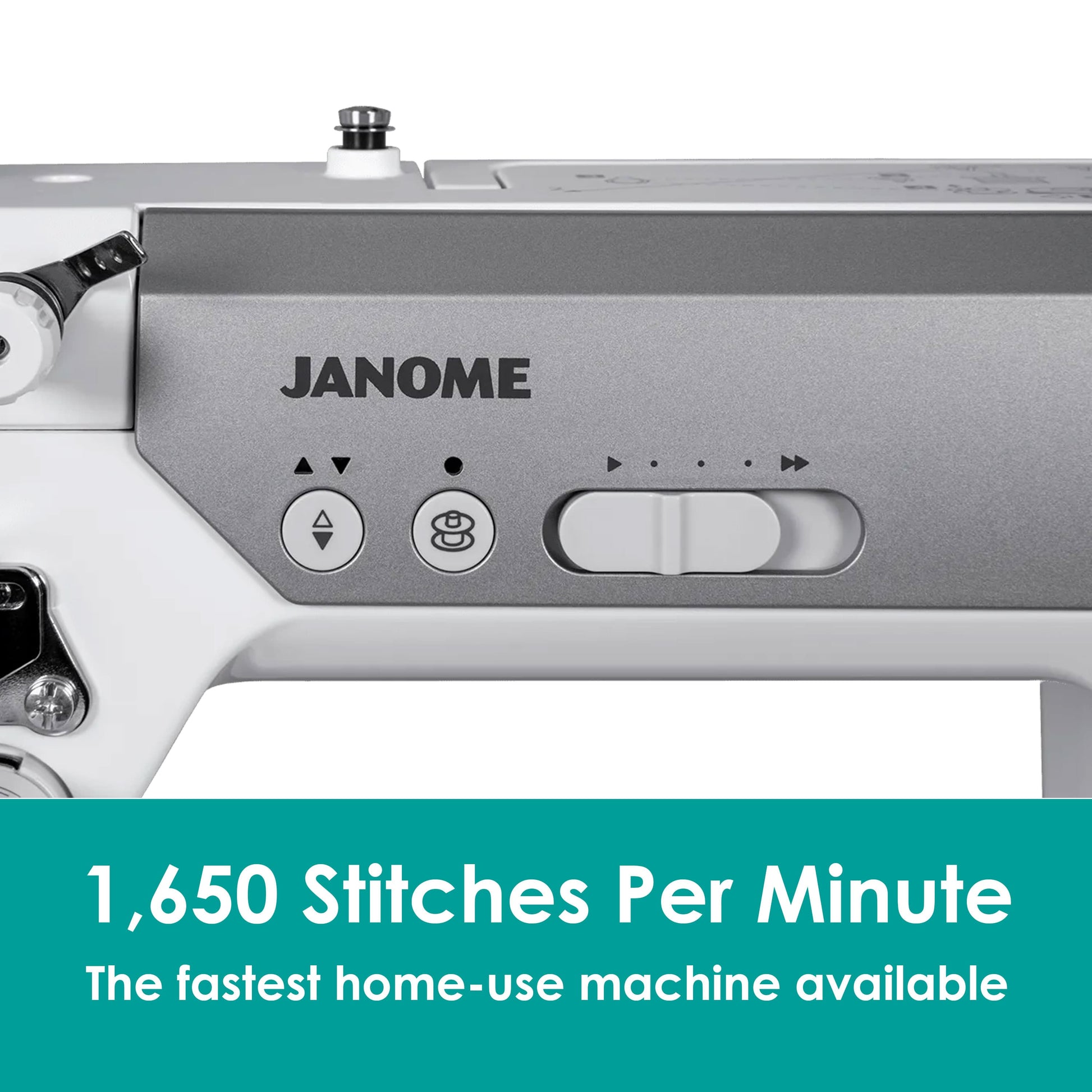 Close-up of a Janome sewing machine showing the control panel and part of the metallic body, with a teal text banner at the bottom reading '1,650 Stitches Per Minute The fastest home-use machine available.'.