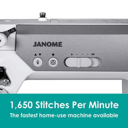 Close-up of a Janome sewing machine showing the control panel and part of the metallic body, with a teal text banner at the bottom reading '1,650 Stitches Per Minute The fastest home-use machine available.'.