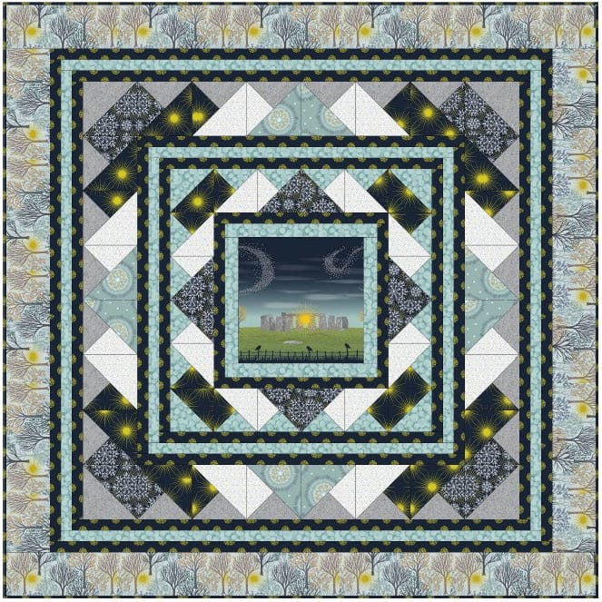 A square quilt pattern or fabric design featuring concentric geometric borders in black, gray, white, and light blue, surrounding a central square scene of a dark night sky with crescent moons and a glowing landscape.