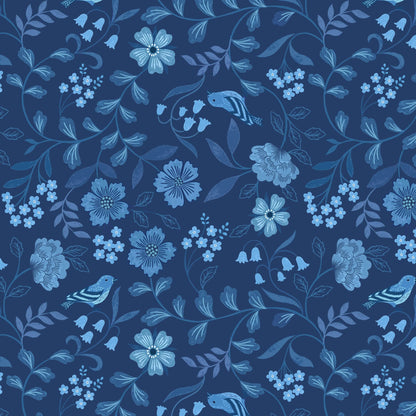 Blue Floral, Foliage, Woodland and Nature, Country, Countryside Lewis and Irene Fabric Lewis & Irene Forget Me Not Lane - The Sewing Studio